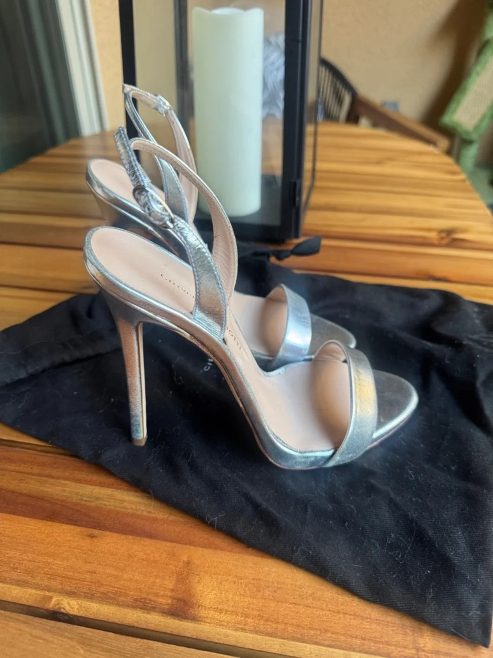 Giuseppe Zanotti Metallic Silver Open-Toe Slingback Heels